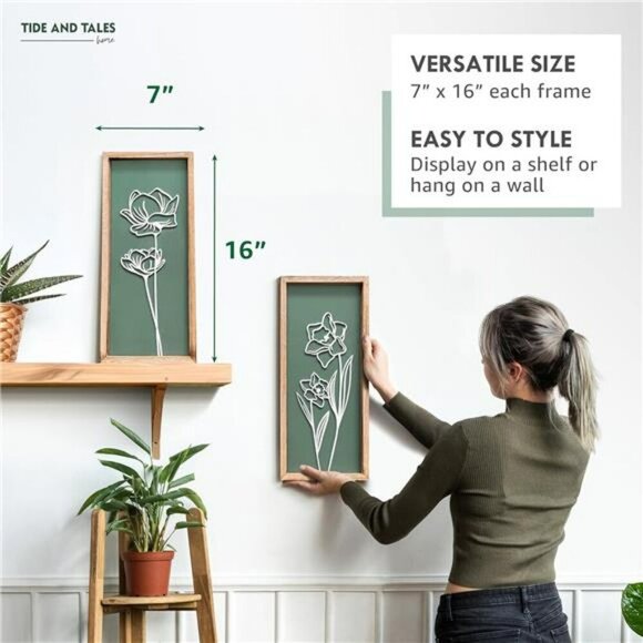 Sage Green 3D Floral Wall Art Set Boho Farmhouse Framed Decor for Bathroom - Picture 5 of 7